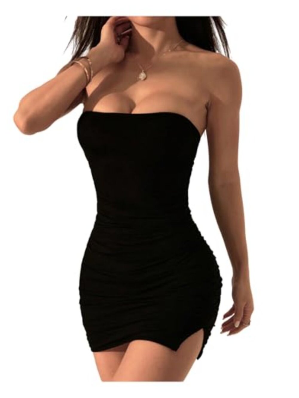 Strapless Ruched Bodycon Mini Dress Split Tube Cocktail Party